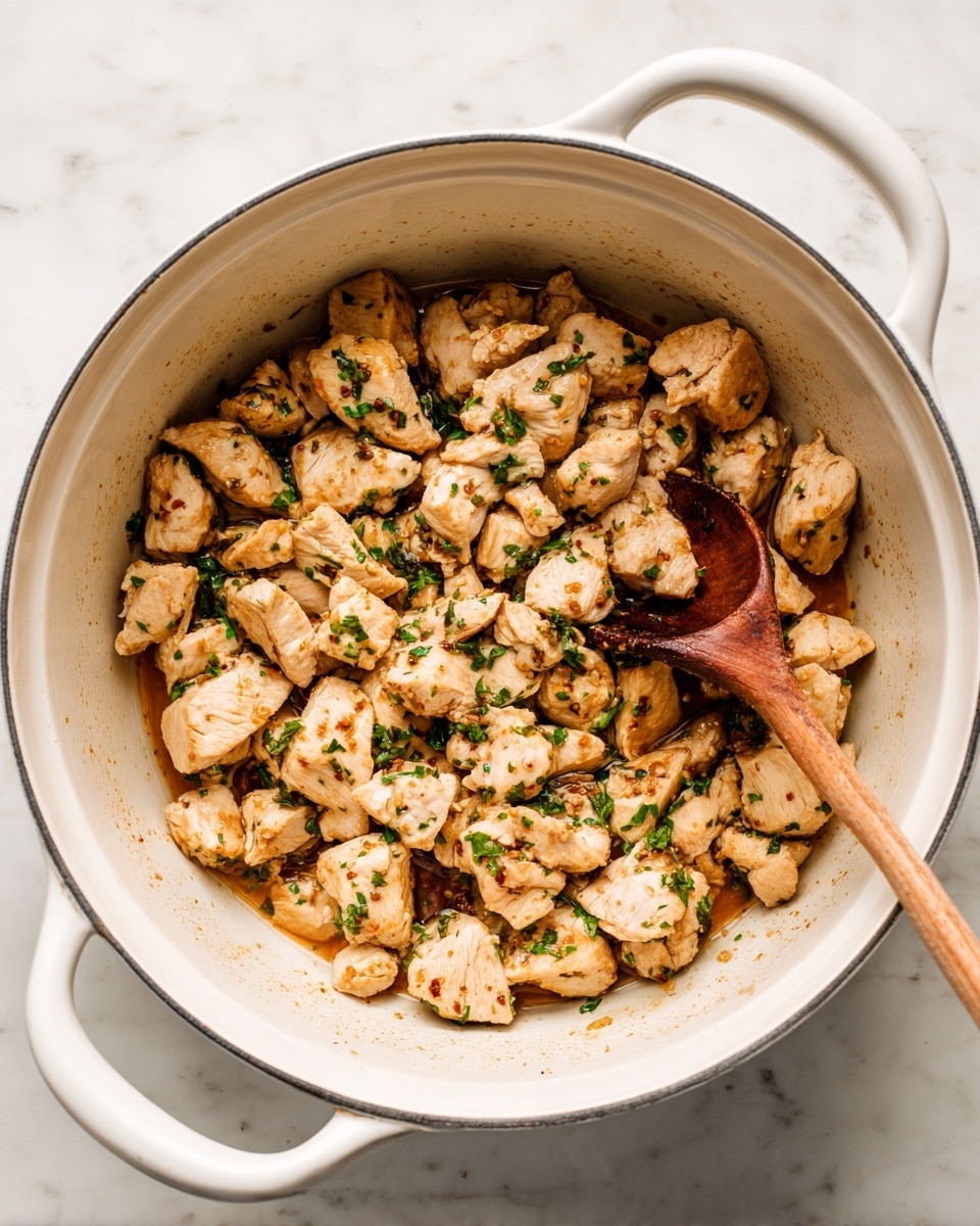A white round pot with two handles on a white marbled surface is filled with many small, light tan pieces of chicken mixed with small green bits of herbs. A wooden spoon with a brown head rests inside the pot on the right side among the chicken pieces. The chicken looks soft and cooked evenly with a slight shine on the surface from sauce or seasoning photo taken with an iphone --ar 4:5 --v 7