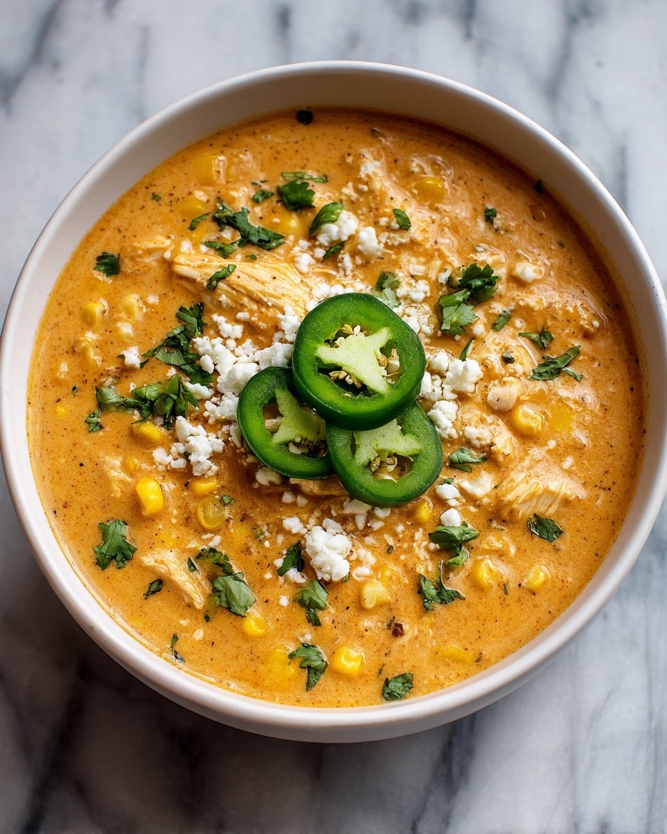 The image shows a creamy orange soup in a white bowl on a white marbled surface. The soup has little chunks of chicken and bits of yellow corn mixed inside. On top, there are three slices of green jalapeño pepper arranged in the middle. Around the peppers, there is a sprinkling of white crumbly cheese and small pieces of fresh green cilantro. The soup looks thick and smooth with some texture from the chicken and corn. photo taken with an iphone --ar 4:5 --v 7