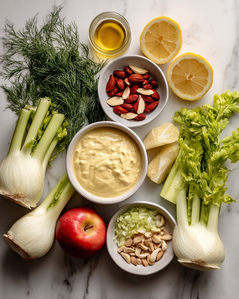 The image shows fresh ingredients arranged neatly on a white marbled surface. There are two white bowls, one filled with a creamy pale yellow sauce and the other with small slices of red-skinned almonds. Bright yellow lemon halves and a small glass jar of golden oil sit nearby. A small white bowl holds minced garlic, and thin green shreds of what looks like zucchini are placed next to a whole red apple. Two large white fennel bulbs with green leafy tops are positioned next to several stalks of green celery. Long feathery sprigs of fresh dill and parsley add a touch of dark green to the composition, organized in a clean, simple style. Photo taken with an iphone --ar 4:5 --v 7