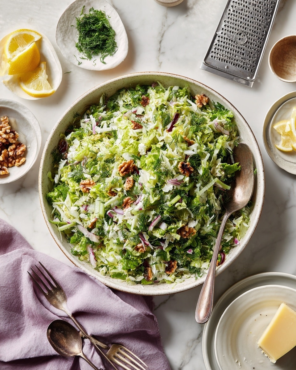 A large round bowl filled with a fresh salad made of several layers of finely chopped light green celery sticks, white shredded pieces, small bits of red onion, dark green herbs, and crunchy brown walnut pieces mixed throughout, creating a colorful and textured look. On the white marbled background around the bowl, small white plates hold lemon wedges, chopped green herbs, and walnut pieces; a white plate holds a metallic grater with a piece of light yellow cheese on top, next to a pale purple cloth napkin. The utensils, a silver spoon and a fork, rest nearby, adding to the clean and fresh setting. Photo taken with an iphone --ar 4:5 --v 7