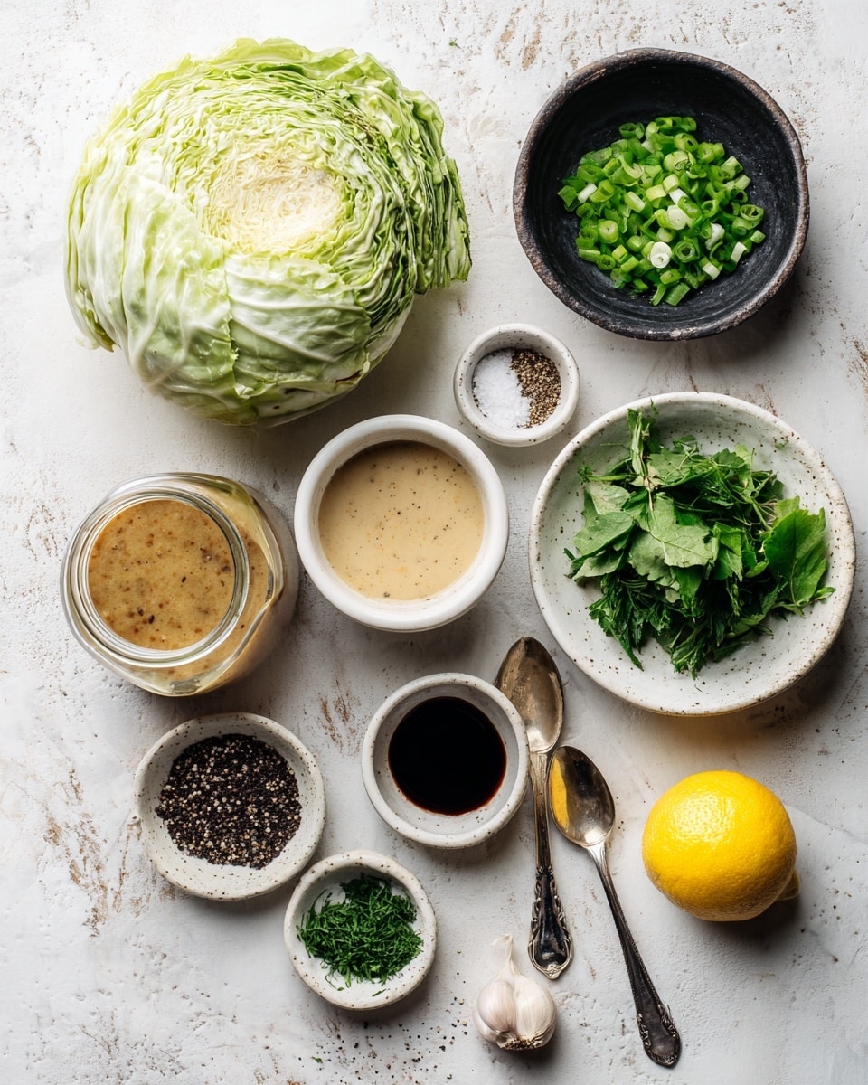 A large pale green cabbage sits on the left side on a white marbled surface. To its right, a black bowl full of chopped green onions is placed near the top edge. Below, a white bowl contains fresh green leafy herbs, next to a small white bowl of light brown liquid. Below these, a glass jar with clear liquid is on the left and a white bowl filled with a tan sauce is in the middle. Next to it is a small white bowl filled with a dark sauce, and to its right is a tiny white bowl with salt and black pepper. Near the bottom, two spoons hold black seeds and finely chopped green herbs side by side. A bright yellow lemon is placed at the bottom right corner. A small piece of garlic is near the top center on the right. The whole setup is on a white marbled background. photo taken with an iphone --ar 4:5 --v 7