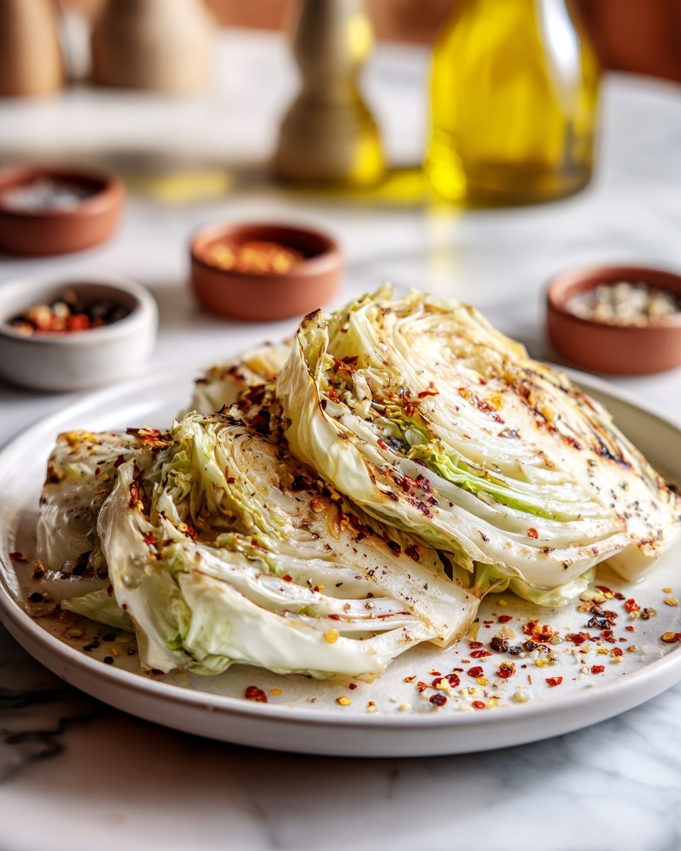 The dish shows several wedges of roasted cabbage on a white plate, each wedge layered with creamy white and light green cabbage leaves, slightly browned and crispy on the edges. The wedges are sprinkled with red pepper flakes, coarse salt, and cracked black pepper, adding texture and small red and dark brown specks on the surface. The cabbage layers are thick and curved, showing a grilled texture with some char marks. The background features a white marbled surface with small bowls of spices and a bottle of oil blurred softly in the back, creating a warm, cozy atmosphere. Photo taken with an iphone --ar 4:5 --v 7