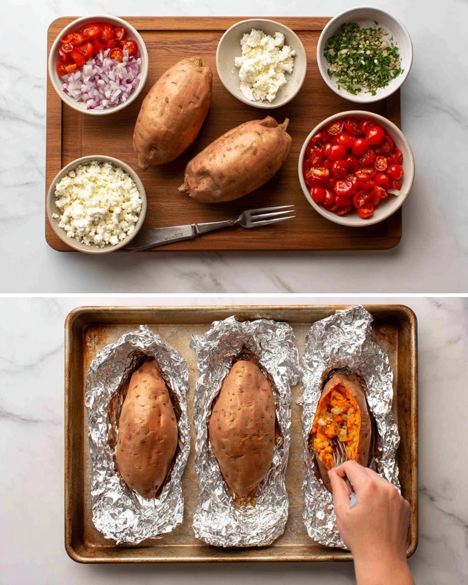 The image shows four steps preparing two whole sweet potatoes placed on a wooden chopping board, surrounded by small white bowls with chopped cherry tomatoes, crumbled cheese, chopped onions, and a green herb mixture, all on a white marbled surface. In the first step, two whole sweet potatoes with light brown skin are on the board with a fork on the lower right side. In the second step, a woman's hand holding the fork is poking one of the sweet potatoes. The third and fourth steps show the sweet potatoes on an oven tray lined with crinkled aluminum foil, spaced apart on the tray on the white marbled surface. photo taken with an iphone --ar 4:5 --v 7