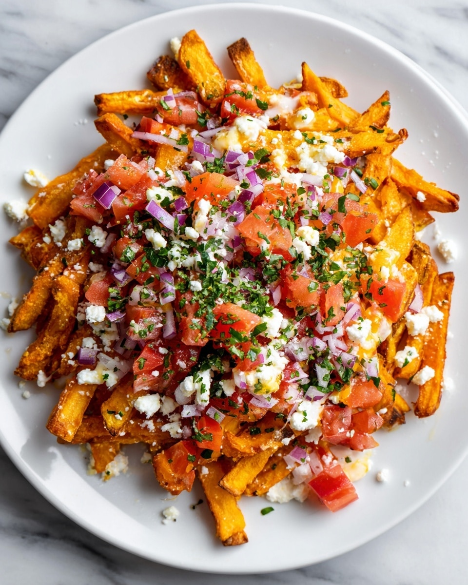 A white plate holds a layered dish starting with thick, golden-brown sweet potato fries spread across the surface. On top of the fries, small cubes of bright red tomato and finely chopped purple onion are scattered evenly. Creamy white sauce with green herb bits is dolloped over the fries and vegetables, adding a smooth texture. Crumbles of white cheese are sprinkled over everything, creating small textured clusters that contrast with the smooth sauce and crispy fries. The dish is set on a white marbled background. photo taken with an iphone --ar 4:5 --v 7