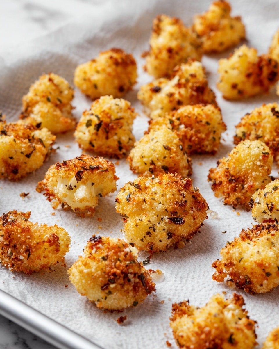 Small golden brown fried cauliflower pieces with a crispy texture are spread out evenly on white paper towels. The paper towels are placed on a silver baking tray with a slightly reflective surface. The background is a white marbled texture, making the cauliflower pieces the main focus. The cauliflower pieces have an uneven but crunchy outer layer with specks of herbs, giving a slightly rough look. photo taken with an iphone --ar 4:5 --v 7
