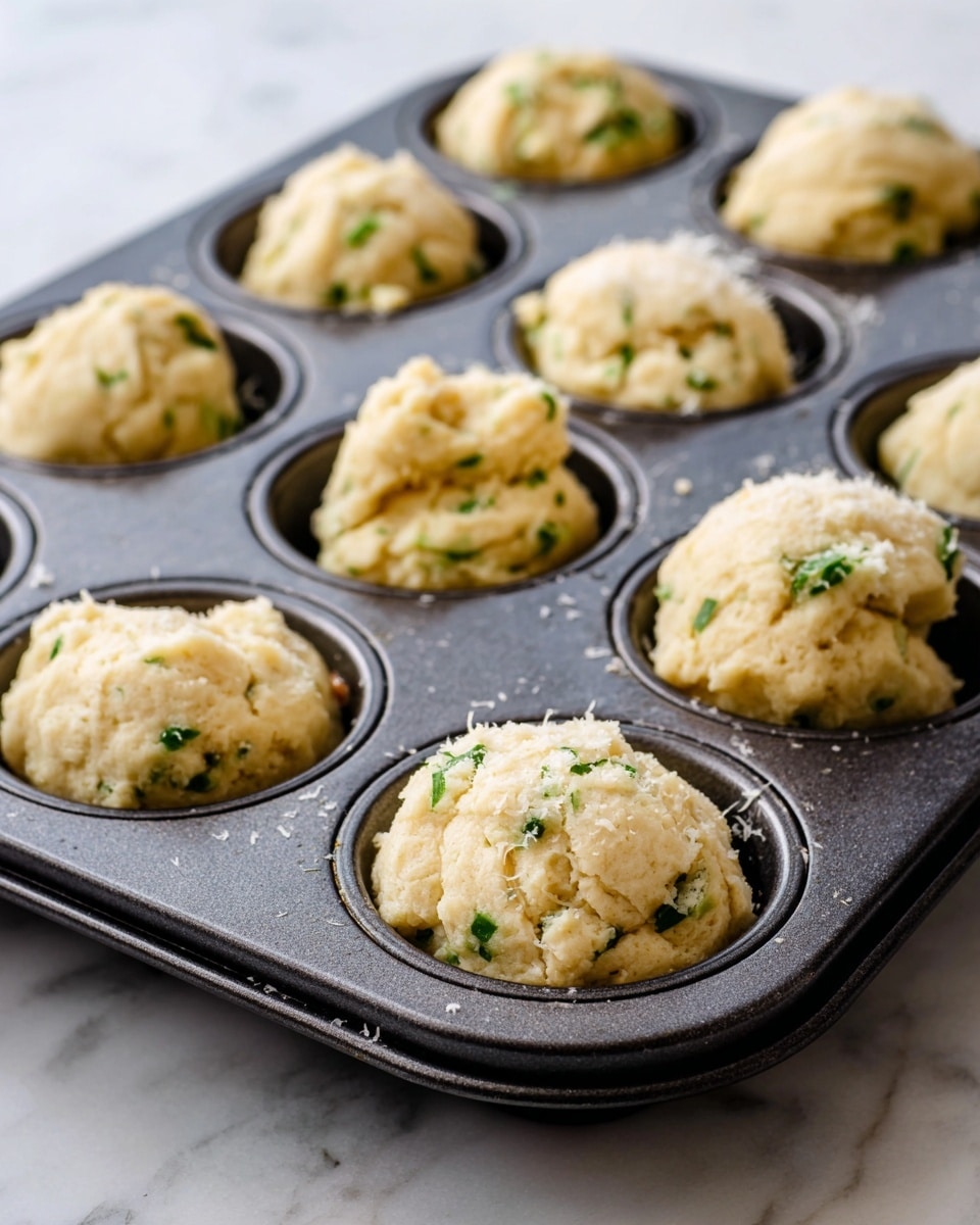 The image shows a dark metal muffin tray filled with raw dough mixed with green herbs. Each muffin cup contains a rough, uneven scoop of pale beige dough with small green flecks, and the dough texture looks soft and slightly crumbly. The cups are partially filled with these small dough mounds, and some have a light dusting of what appears to be flour or cheese on top. The tray is placed on a white marbled surface, giving a clean and bright background contrast. photo taken with an iphone --ar 4:5 --v 7