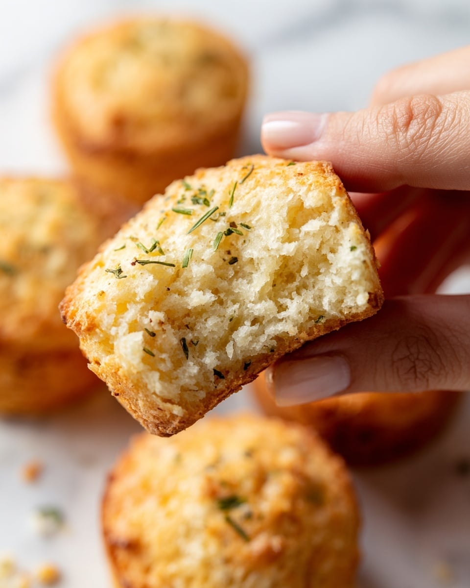 A close-up image of a woman's hand holding a small round biscuit that is slightly torn open, showing its soft, fluffy interior. The biscuit's top layer is golden brown with a light texture, sprinkled with small bits of green herbs. The background has other biscuits that are light golden and smooth, placed on a white marbled surface. The overall look is warm and fresh, highlighting the biscuit's airy and tender quality. Photo taken with an iphone --ar 4:5 --v 7