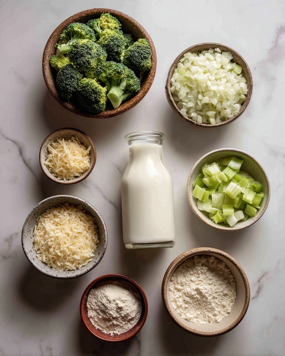 The image shows eight small bowls and a bottle arranged on a white marbled surface. Starting from the bottom right and moving clockwise, there is a brown bowl full of green broccoli florets, a small brown bowl with grated pale yellow cheese, a white bowl filled with sliced light green celery, a small brown bowl with creamy white grains, and another small brown bowl containing chopped garlic. Below these bowls, there is a glass bottle filled with white milk and a small reddish-brown bowl with white flour-like powder. At the center, a light-colored bowl holds finely chopped white onions. The colors are mainly green, white, and brown with natural textures. The light is soft and natural, highlighting the freshness of the ingredients. Photo taken with an iphone --ar 4:5 --v 7