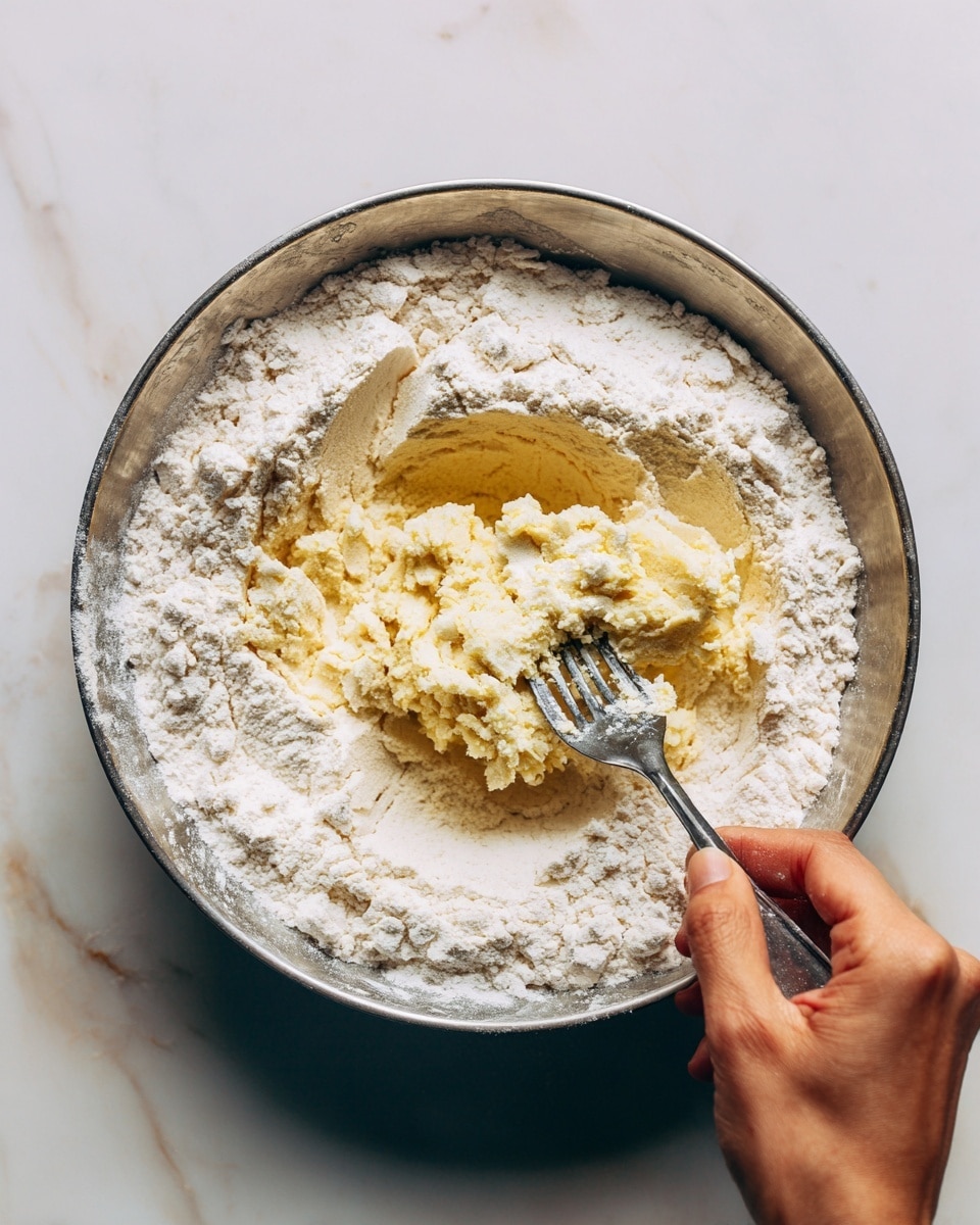 A close-up view of a metal bowl filled with white flour and thick yellow dough partially mixed in the center. A woman's hand is holding a metal fork that is scooping some flour and dough together. The flour looks powdery and dry while the dough appears soft and sticky with a textured surface. The bowl sits on a white marbled surface with soft natural light shining over it, showing the different textures clearly. Photo taken with an iphone --ar 4:5 --v 7