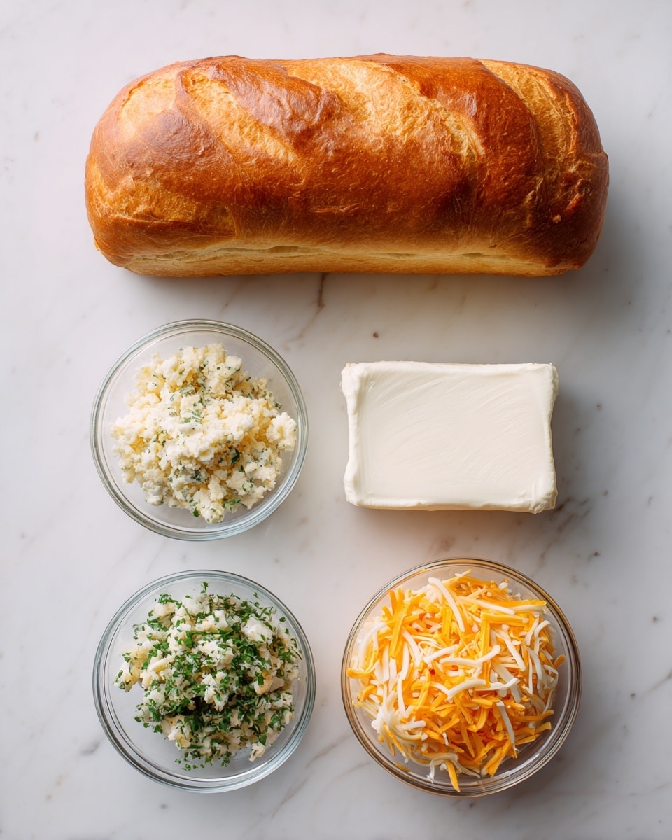 A long loaf of bread with a golden brown crust rests at the top of the image on a white marbled surface. Below it, there are three clear glass bowls arranged in a row. The left bowl contains a light-colored crumbly mix with some green herbs. The center bowl has a large, smooth block of white cream cheese with a soft texture. The right bowl is filled with a mix of shredded cheese in orange and white colors, with a slightly uneven texture. The overall scene is simple and clean. photo taken with an iphone --ar 4:5 --v 7
