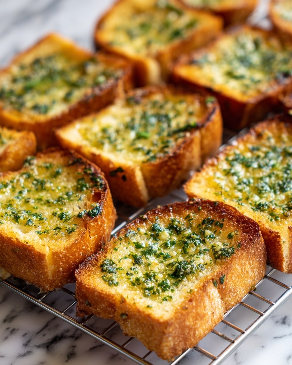 The image shows several slices of garlic bread arranged in two rows on a metal cooling rack. Each slice has a toasted golden-brown crust and is topped with melted butter mixed with finely chopped green herbs, creating a speckled layer of green over the creamy yellow butter. The bread’s surface looks crispy with a slight shine from the melted butter. The background is a white marbled texture, highlighting the warm colors of the bread. Photo taken with an iphone --ar 4:5 --v 7