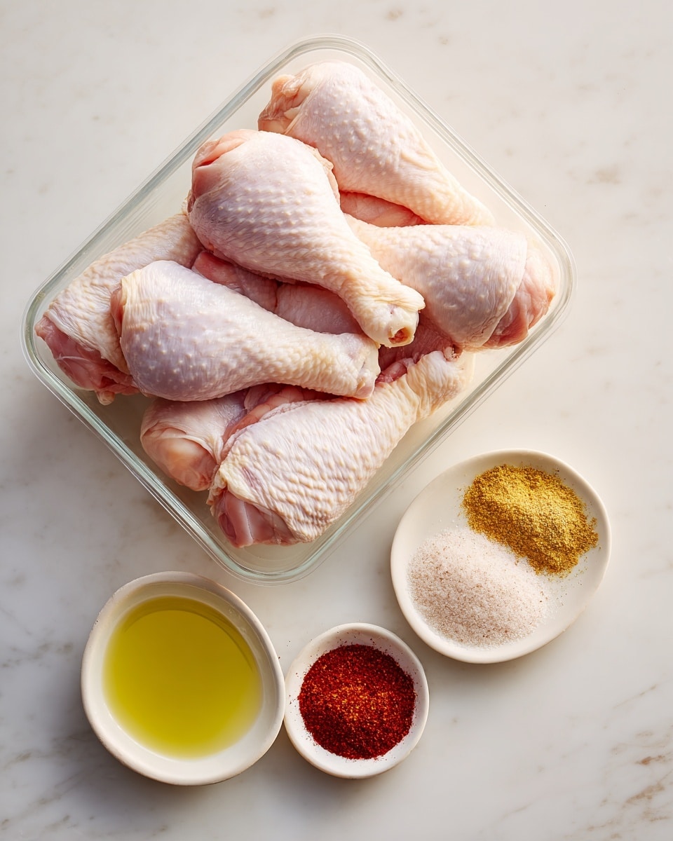 The image shows six raw chicken drumsticks neatly placed in a clear rectangular container on a white marbled surface. Below the container, there are two small white bowls; the left bowl contains a pale yellow oil, and the right bowl has three spices: a sprinkling of light yellow powder, a small pile of red powder, and a pinch of fine white granules. The scene is lit softly, highlighting the textures of the chicken skin and the powders. Photo taken with an iphone --ar 4:5 --v 7