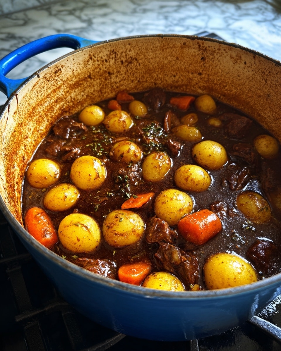 A large blue pot filled with a dark brown stew containing whole small yellow potatoes and slices of carrot. The stew looks thick and rich, with chunks of meat visible throughout. The pot sits on a black stove, and the inside rim of the pot shows some splatters from cooking. The image background is a white marbled surface. Photo taken with an iphone --ar 4:5 --v 7