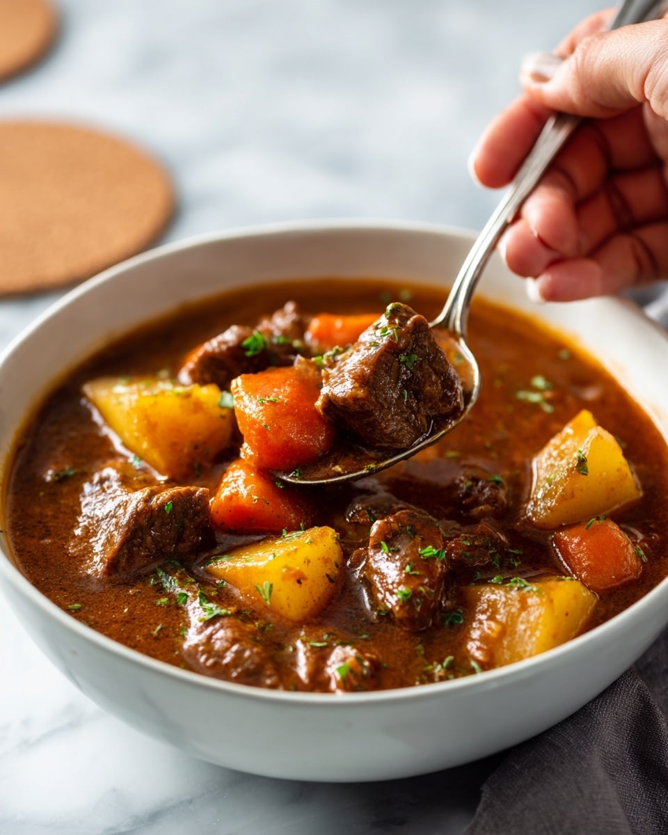 The image shows a white bowl filled with a rich brown stew that has chunks of meat, orange carrot pieces, and light yellow potato chunks. The stew looks thick and is topped with green herbs. Two metal spoons rest in the bowl, and a woman's hand is holding one spoon. The bowl sits on a white marbled surface with two round brown cork mats in the background. photo taken with an iphone --ar 4:5 --v 7