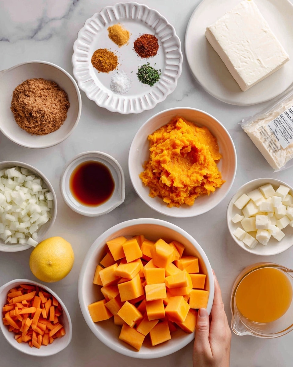 The image shows several bowls and containers with cooking ingredients arranged neatly on a surface with a white marbled texture. There is one large white bowl filled with bright orange cubed butternut squash at the center-right. Above it, a smaller white bowl contains mashed butternut squash in a darker orange shade with a rough texture. To the right of this, a white plate holds a large white block of cream cheese. In the top center is a white scalloped plate with small piles of various spices in colors like brown, white, yellow, and green. To the left is a small white bowl with packed brown sugar and another with a reddish-brown liquid. Below these are a half of a lemon, a small white bowl with minced garlic, a white bowl with chopped onions, and a white bowl with sliced orange carrots. A measuring cup with orange liquid and a carton of vegetable broth are also visible near the bottom right. A woman's hand is not visible but could be implied preparing the ingredients. Photo taken with an iphone --ar 4:5 --v 7