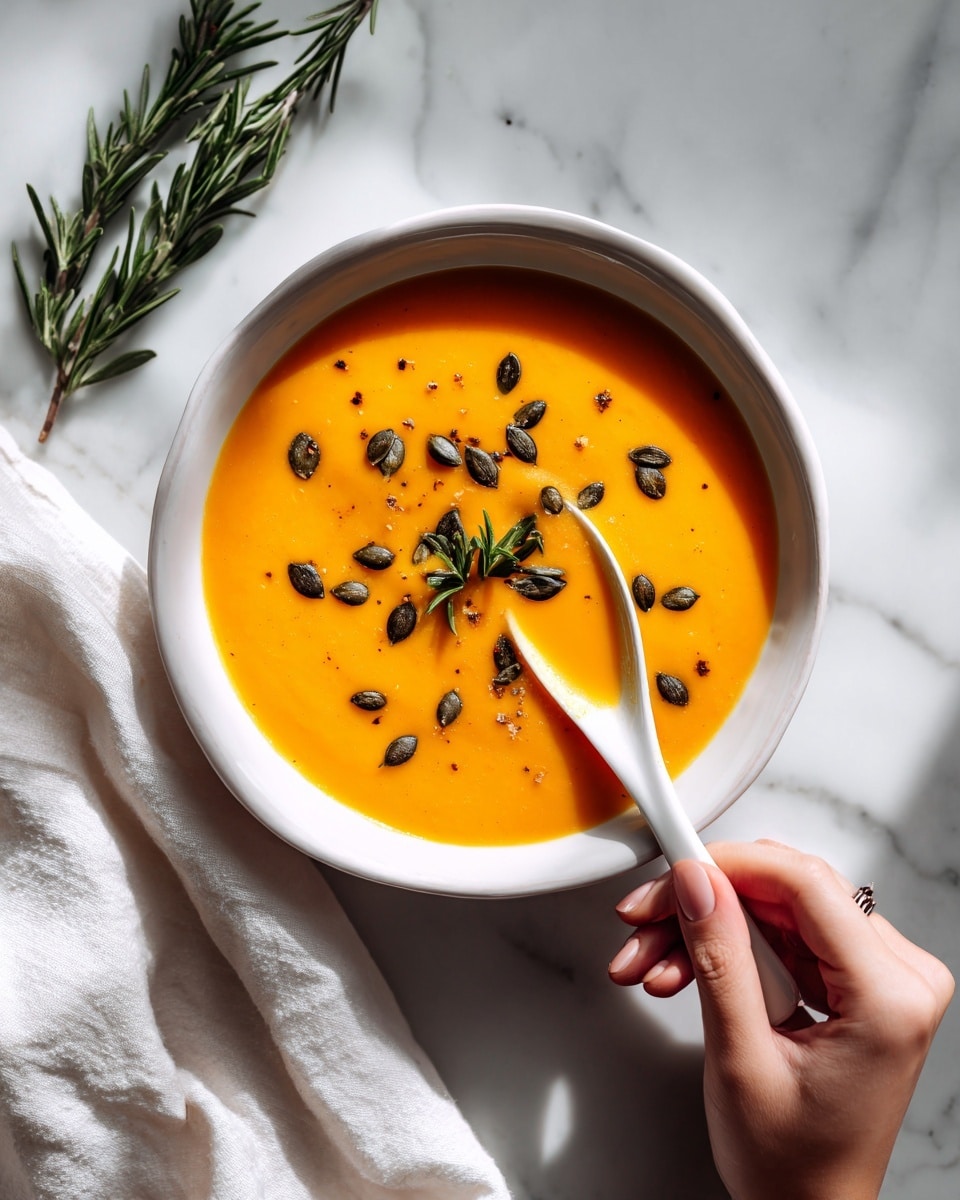 The image shows a white bowl filled with bright orange soup, smooth in texture, with many small, dark roasted pumpkin seeds scattered evenly on top. A woman’s hand holds a white spoon poised above the bowl, ready to scoop some soup. The bowl is placed on a white marbled surface with a sprig of green rosemary to the left and a white cloth napkin partially visible on the top left side. The lighting is soft and natural, highlighting the vibrant colors of the soup and the contrast of the seeds. photo taken with an iphone --ar 4:5 --v 7