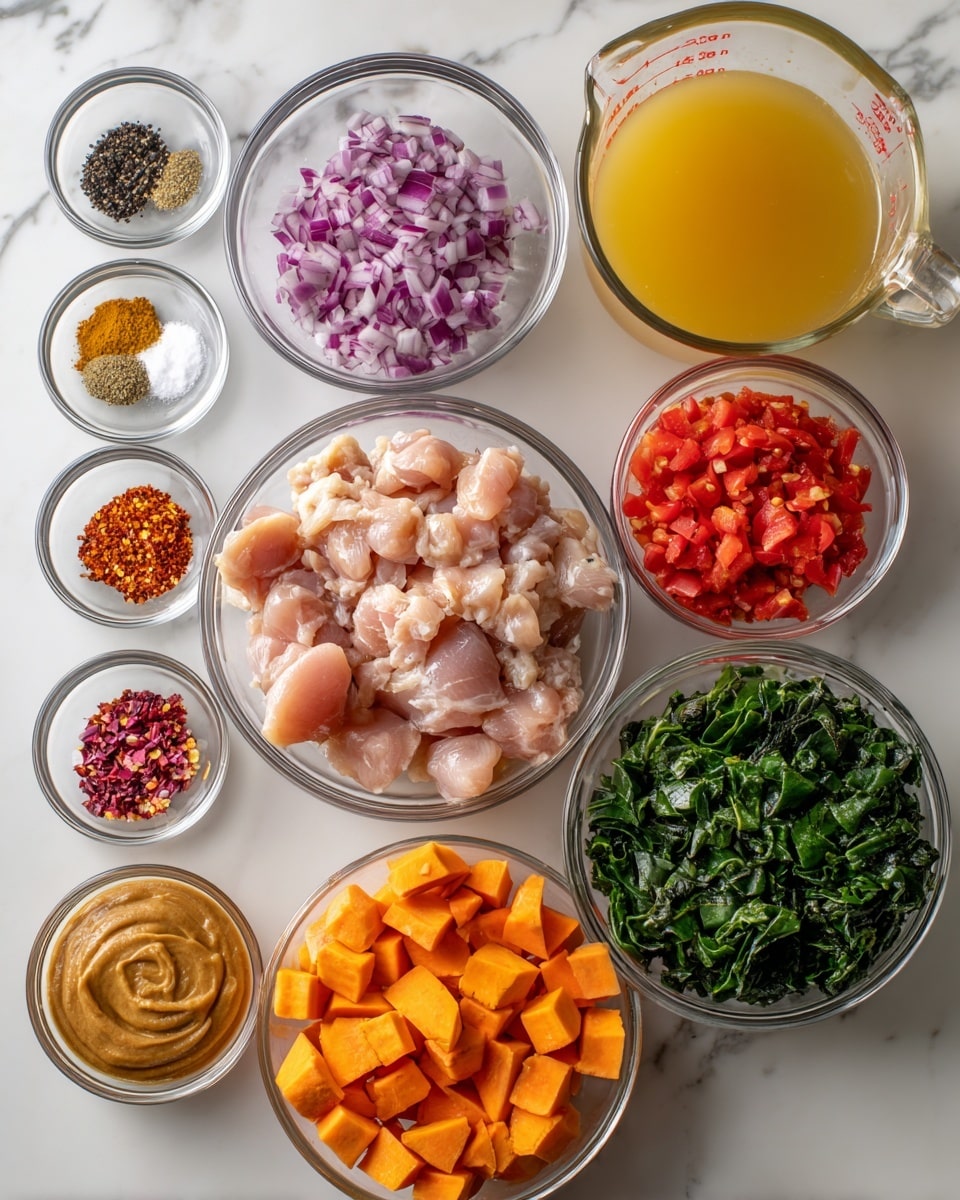 The image shows several glass bowls with different ingredients arranged neatly on a white marbled surface. From left to right, there are small bowls with black pepper, coarse salt, minced garlic, chili flakes, and minced ginger. Below these, a medium bowl holds raw pink chicken pieces. Next to it, a bowl of smooth peanut butter sits below a bowl of bright red diced tomatoes. In the center, a large bowl contains chopped orange sweet potatoes, while to the right, there is a large bowl of dark green leafy vegetables. Above those, a smaller bowl has finely chopped purple onions, and a glass measuring cup filled with light yellow broth is placed at the top right. The scene is clear, bright, and well-organized, photo taken with an iphone --ar 4:5 --v 7