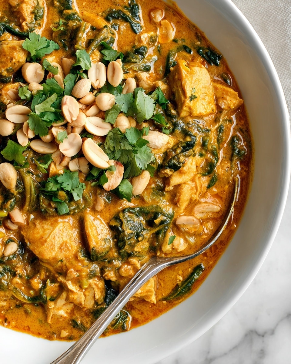 This close-up shows a thick orange-brown curry sauce as the base layer, rich and creamy with visible chunks of light brown chicken and pieces of wilted dark green spinach mixed inside. On top, there are scattered chopped fresh cilantro leaves in bright green and several whole and halved pale beige peanuts, adding texture and color contrast. The dish is served partially in a white bowl set against a white marbled surface, and a silver spoon is dipped inside at the bottom left corner. Photo taken with an iphone --ar 4:5 --v 7