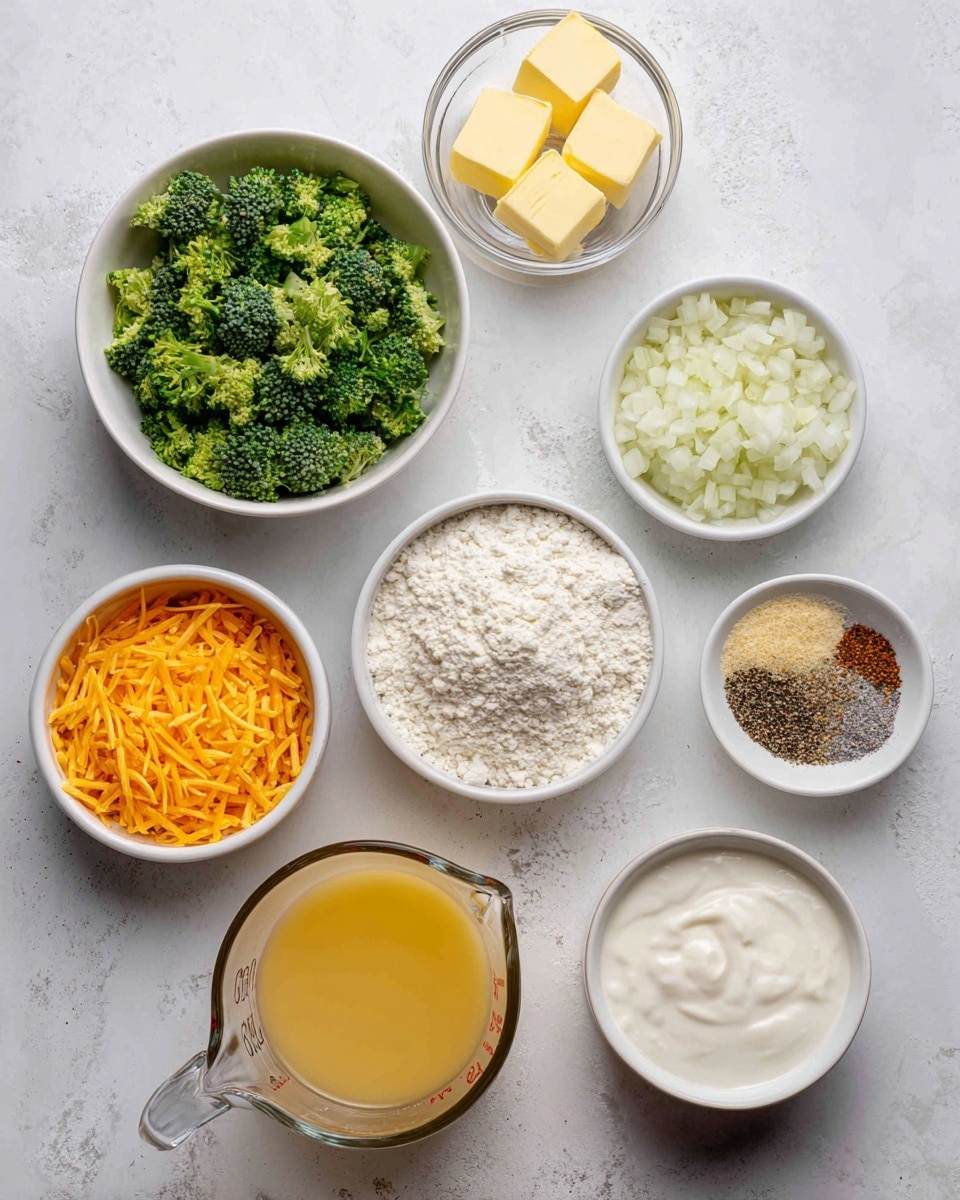 The image shows several small white bowls and a small glass with different ingredients arranged on a white marbled surface. In the top left, there is a white bowl filled with chopped green broccoli. To the right of it, a small clear glass holds two pieces of yellow butter. Below the glass, there is a white bowl containing finely chopped white onions. On the left side, there are small piles on the surface: grated yellow cheese, another pile of grated orange carrots, and a small mound of white flour. In the center right, there are two small white bowls: one with a mix of brown and black pepper, and the other with light brown powder. At the bottom left, there is a clear measuring cup filled with yellow chicken broth. Finally, on the right bottom side, there is a larger white bowl filled with plain white sour cream. Photo taken with an iphone --ar 4:5 --v 7