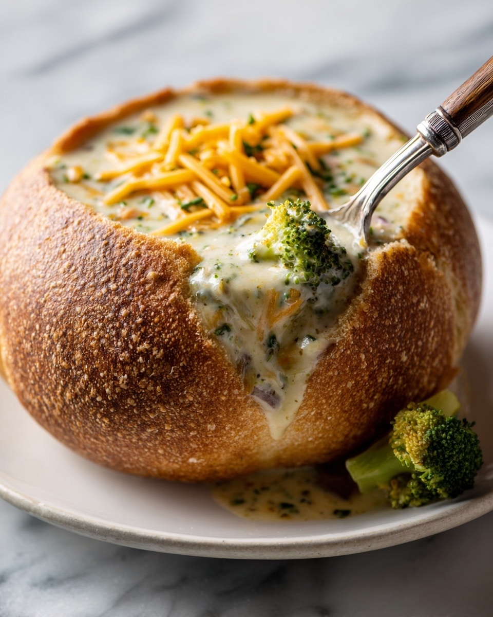 A round bread bowl with a thick golden brown crust holds a creamy soup inside. The soup has small green broccoli pieces and is topped with melted orange cheddar cheese and crispy brown bacon bits scattered on top. The creamy soup slightly spills over the edge of the bread, showing a rich texture. The bread lid with a similar golden crust rests nearby on a white marbled surface with a green and gray cloth partially visible under a silver tray. Photo taken with an iphone --ar 4:5 --v 7