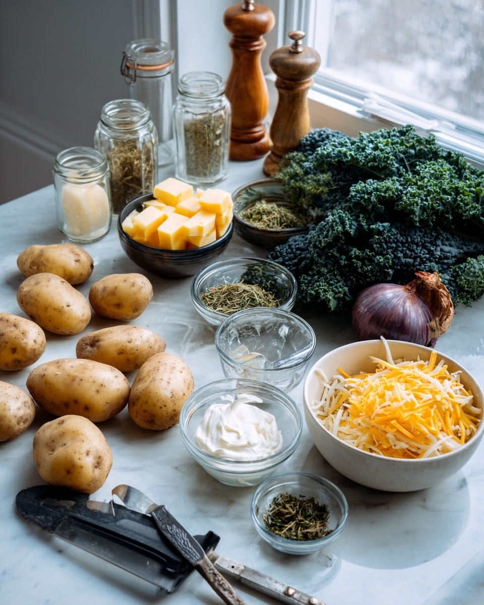 The image shows a collection of raw ingredients arranged on a white marbled surface by a window. There are five light brown potatoes spread out in the front left, with a black-handled peeler and a small metal knife below them. A small glass bowl with a white cream-like substance sits to the right. Behind that is another small metal container with white liquid. To the right, a white bowl holds a mixture of cheddar-yellow shredded cheese and more light brown potatoes. A purple onion is placed behind the bowl near a bunch of dark green curly kale leaves in the back right. In the middle, a small clear glass bowl contains green dried herbs. Behind it, a dark bowl contains stacks of yellow butter cubes. Small glass spice jars and a wooden pepper grinder are at the back near the window. photo taken with an iphone --ar 4:5 --v 7