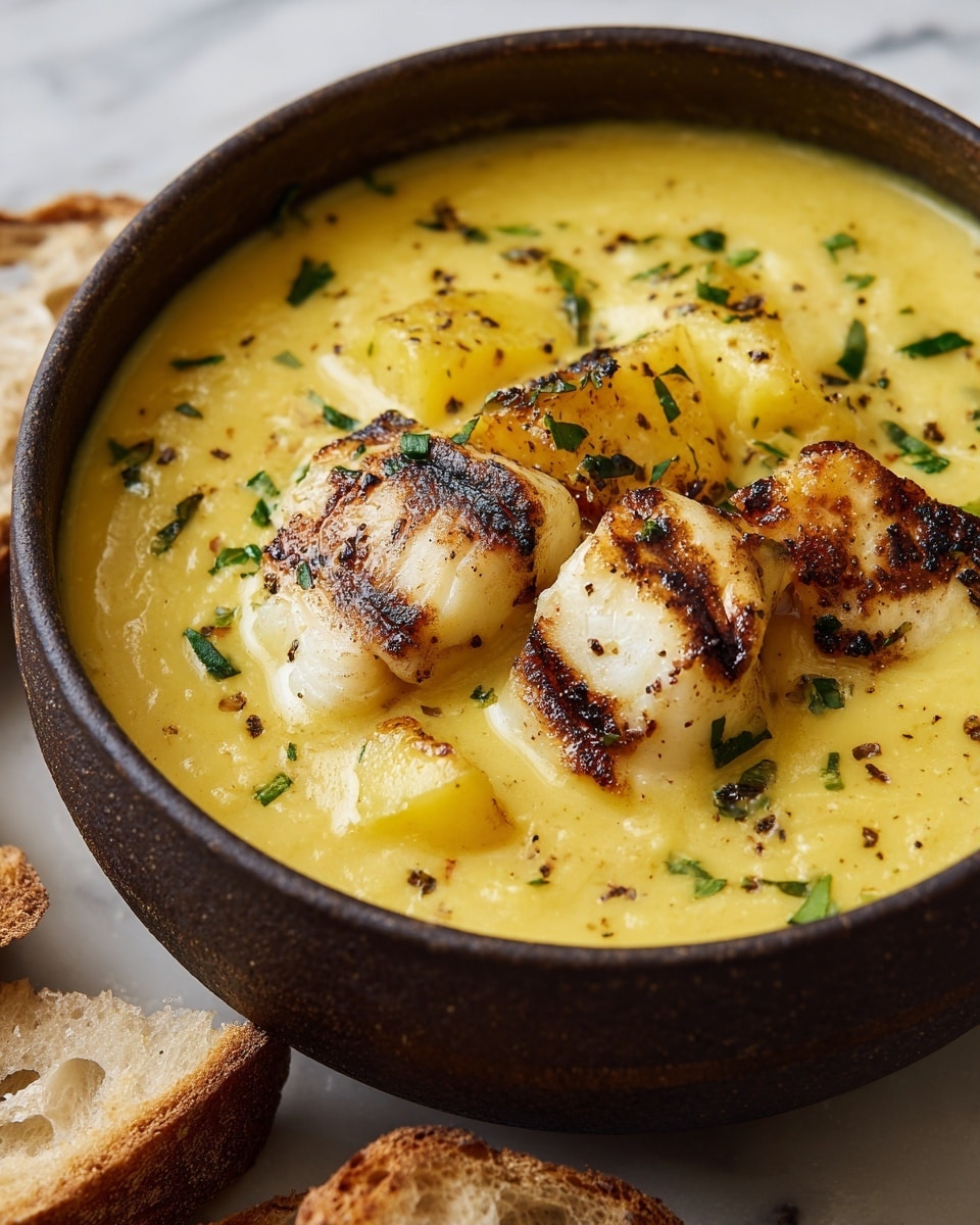 A close-up of a thick yellow soup in a dark brown bowl, filled with large light yellow potato chunks and pieces of grilled white seasoning with brown grill marks on top. Green herbs and cracked black pepper are sprinkled over the soup’s surface. The bowl is placed on a white marbled surface with torn pieces of crusty bread around it. photo taken with an iphone --ar 4:5 --v 7