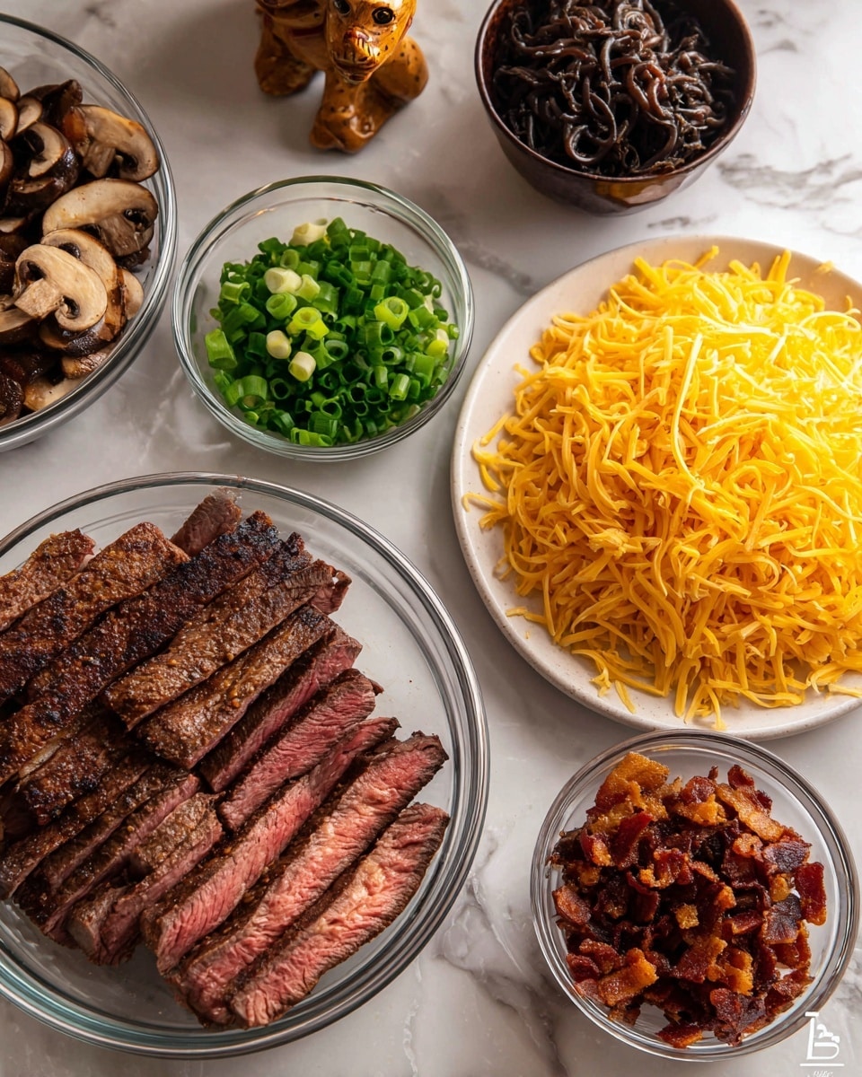 The image shows multiple bowls and a plate with different prepared ingredients arranged on a white marbled surface. The largest clear glass bowl on the left is filled with thick slices of grilled steak, some pieces showing a medium-rare pink center and a brown outer crust. Next to it, on the right side, is a white plate piled high with shredded yellow cheese. Above the cheese, a small clear bowl contains thinly sliced green onions, displaying light and dark green rings. Above and a bit to the left, another small clear bowl holds chopped, dark brown sautéed mushrooms. At the bottom right corner, a clear bowl lined with paper towel contains small, crispy, dark brown bacon pieces. Behind the bowls, there is a ceramic figurine and a dark brown pot partially visible. photo taken with an iphone --ar 4:5 --v 7