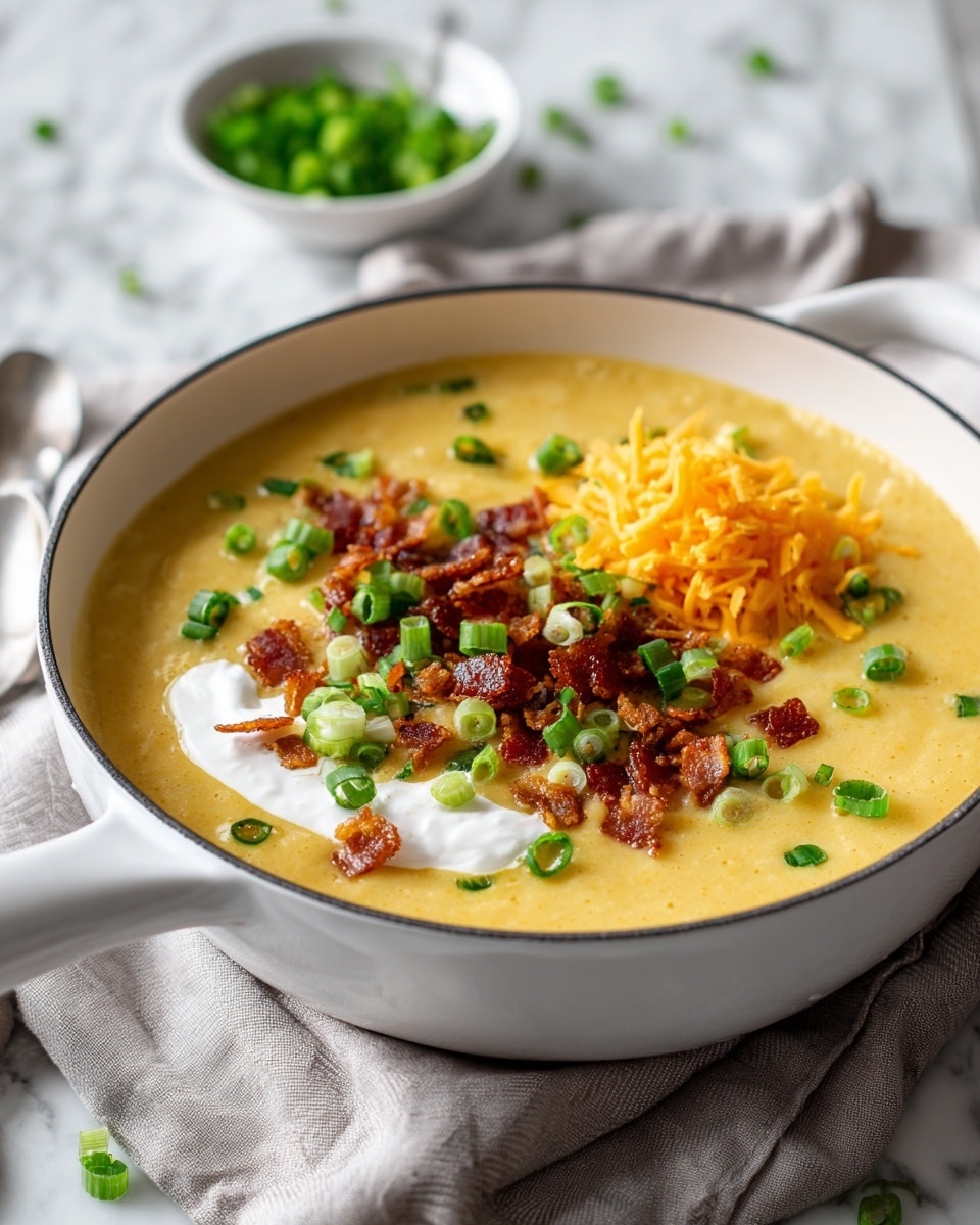 A white pan filled with creamy yellow soup, thick in texture, topped with crispy brown bacon bits scattered over the surface. On one side, there is a small mound of shredded orange cheddar cheese, and on the other side, a swirl of white sour cream rests beside sliced bright green onions. The pan sits on a light gray cloth atop a white marbled surface. In the background, a small white bowl filled with chopped green onions is slightly blurred. Photo taken with an iphone --ar 4:5 --v 7