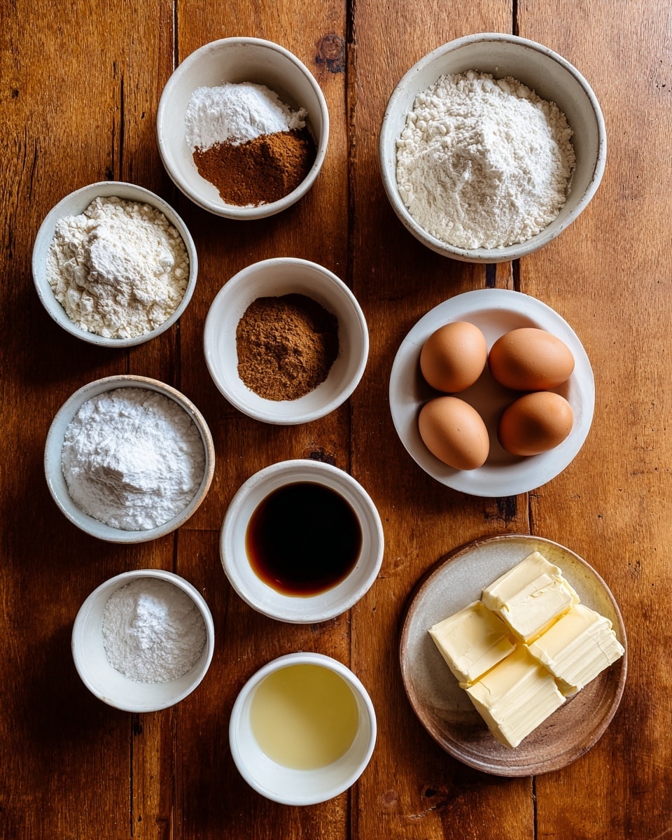 The image shows a wooden table with ten small white bowls and plates arranged in a loose circle. Each bowl holds a different baking ingredient: two white bowls with flour, one with sugar, one with cinnamon that looks like a brown powder, and one with a white powdery ingredient. A small white bowl has a dark brown liquid, likely vanilla extract. There is a white plate with two large sticks of butter and a large block of cream cheese. Three brown eggs sit in a white bowl together. A small white bowl holds a pale yellow liquid, possibly oil. The warm colors of the ingredients contrast with the bright white bowls on the wooden table. A woman's hand is not visible. photo taken with an iphone --ar 4:5 --v 7