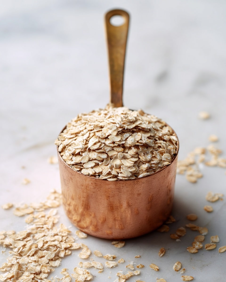 A copper measuring cup filled and heaped with light tan rolled oats, with some oats scattered loosely around it on a white marbled surface. The texture of the oats is dry and flaky, and the cup is positioned centrally with the handle pointing straight up. The background is soft and clean, focusing all attention on the oats and the cup. photo taken with an iphone --ar 4:5 --v 7