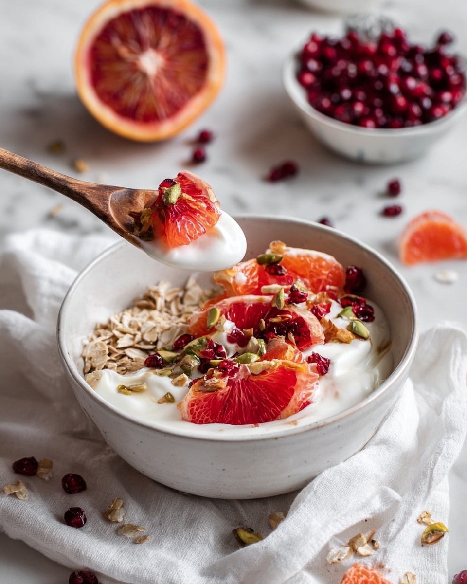 A white bowl sits on a white cloth over a white marbled surface, filled with three main layers: the bottom layer is light brown oats, the middle layer is white yogurt, and the top layer includes bright red blood orange slices with a few dark red currants and small green nuts sprinkled on top. A wooden spoon is lifting a mix of oats, yogurt, and orange pieces inside the bowl. Around the bowl, there are scattered bunches of dark red currants, a white bowl filled with more currants to the right, and a half blood orange with bright red flesh on the top left. The scene is bright and clean with soft natural light. Photo taken with an iphone --ar 4:5 --v 7
