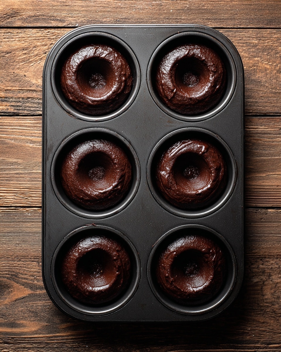 A dark brown chocolate batter is placed in six round slots of a black metal donut baking pan. Each slot has a small raised center, creating a doughnut shape in the batter. The texture of the batter looks thick and smooth, slightly shiny on top. The baking pan rests on a wooden surface. Photo taken with an iphone --ar 4:5 --v 7