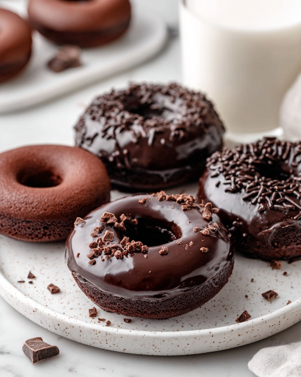 A close-up view of several chocolate donuts arranged on a white speckled plate. In the foreground, one donut is fully covered with smooth dark chocolate glaze and sprinkled with small chocolate flakes on the top left side. Behind and to the right, another donut has a shiny chocolate glaze with chocolate sprinkles on the top, showing a bite taken out of it on the right side. To the left, there is a plain chocolate donut with a matt texture and no topping. The background shows parts of more chocolate donuts out of focus and a large glass of milk. The scene rests on a white marbled surface. Photo taken with an iphone --ar 4:5 --v 7