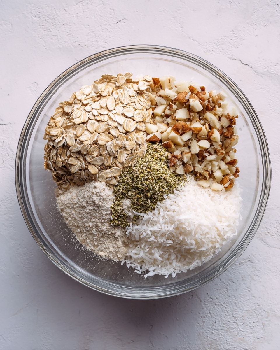 A clear glass bowl contains five separate layers of dry ingredients arranged in clusters: light brown rolled oats on the left, chopped light brown nuts with some darker brown skin pieces at the top right, small pale green hemp seeds on the bottom right, white coconut flakes in the bottom center, and fine white sugar peeking from under the oats. The bowl sits on a white marbled surface. photo taken with an iphone --ar 4:5 --v 7