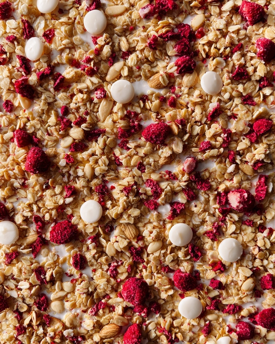 A close-up image showing a mix of granola with multiple layers of textures and colors spread evenly across a white marbled surface. The base layer consists of small golden brown rolled oats and almond flakes, creating a crunchy texture. Scattered through the mixture are bright red freeze-dried raspberries adding vibrant pops of color and rough texture. Small white round yogurt chips are sprinkled throughout the granola, creating a contrast with the deeper colors. Some granola clusters have a light white yogurt coating that adds a slight sheen. The overall look is a dry, crunchy, multi-textured mixture with natural and bright colors. photo taken with an iphone --ar 4:5 --v 7
