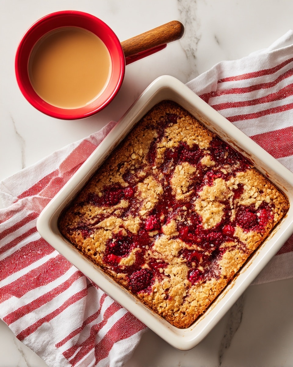 A square white ceramic pan filled with a golden-brown baked oat bar that has deep red raspberry swirls spread throughout the top surface, creating a marbled effect. The oat texture is visible around the edges and within the bar, and the bar is slightly raised in some areas. A red cup with a wooden handle, filled with a light brown beverage, sits to the top left on a white marbled surface with a red and white striped cloth underneath. The scene is bright and clear, showing the warm tones and textures well. Photo taken with an iphone --ar 4:5 --v 7