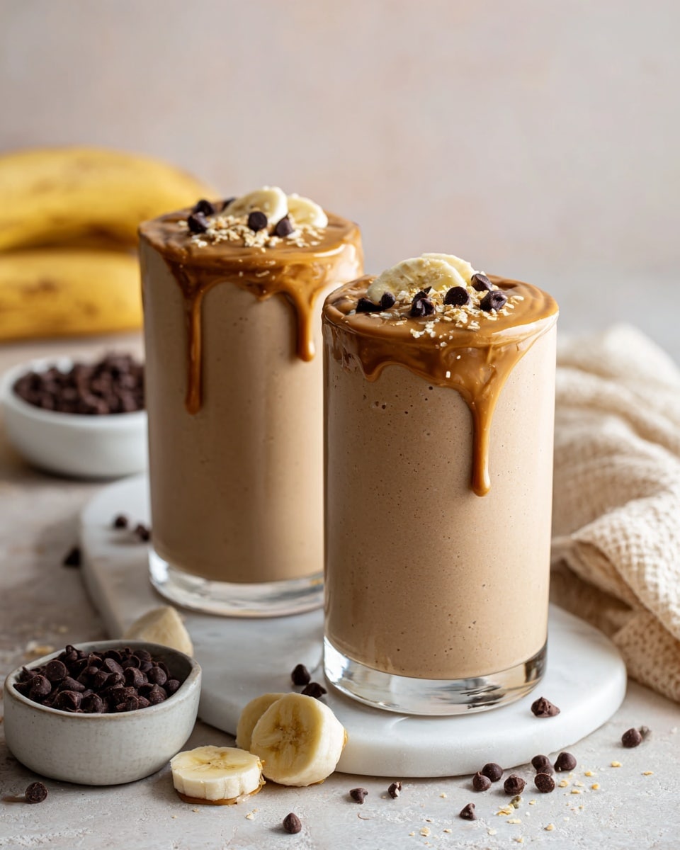 Two clear glasses filled with a smooth, light brown creamy smoothie are placed on a white marbled surface. Each glass has a thick layer of almond butter dripping slightly down the side. On top, the smoothie is decorated with small dark chocolate chips and pieces of sliced banana. Scattered around the glasses are more chocolate chips and banana slices, with a small white bowl filled with chocolate chips on the left and a beige cloth holding more bananas in the back. The background is soft and pale, keeping the focus on the glasses. Photo taken with an iphone --ar 4:5 --v 7