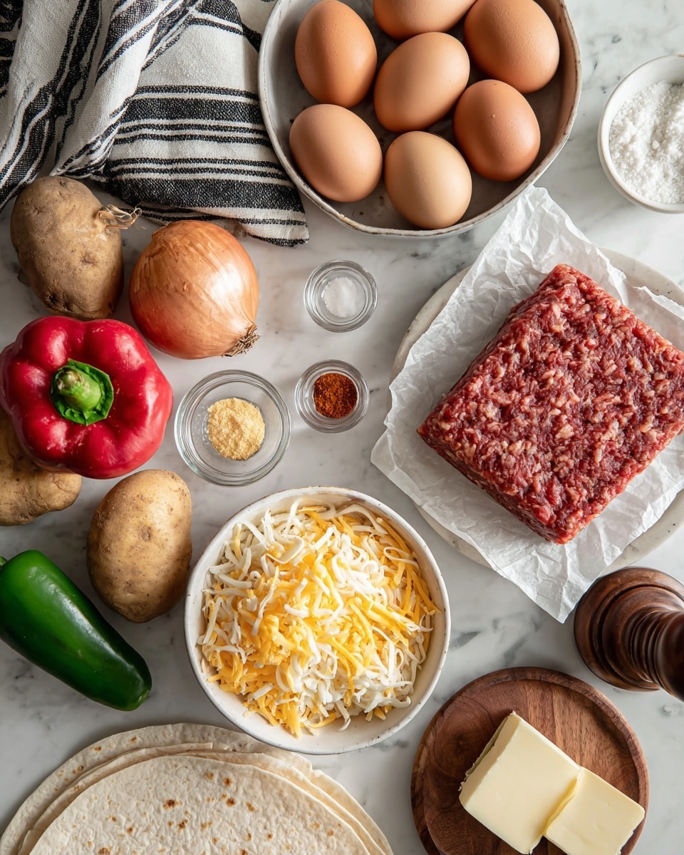 The image shows various ingredients arranged neatly on a white marbled surface. At the top right, there is a white bowl lined with parchment paper holding a square block of seasoned ground meat with a dark reddish color and a coarse texture. Near it are several brown eggs resting on a black and white striped cloth. To the left, there are three whole potatoes with rough, light brown skin, a whole brown onion, a red bell pepper, and a green jalapeño pepper. Below these, there is a white bowl filled with mixed shredded yellow and white cheese. Small glass bowls and measuring spoons contain light yellow powder, a reddish spice, and a small piece of butter in a white dish. There is also a wooden small bowl of coarse white salt and a dark brown wooden pepper grinder. Part of a white tortilla is visible at the bottom of the frame. Photo taken with an iphone --ar 4:5 --v 7