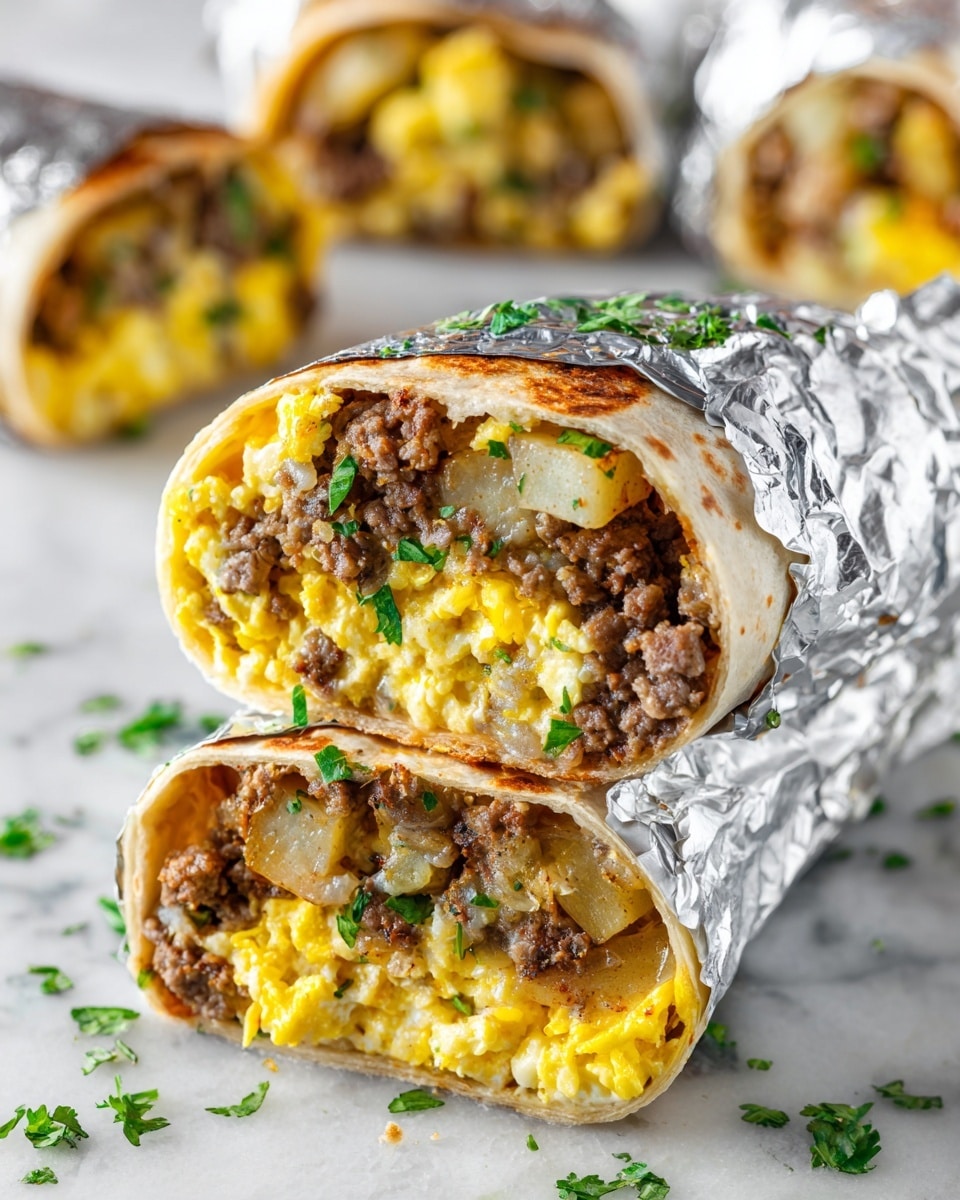 A close-up of a breakfast burrito wrapped in foil on a white marbled surface, showing three main layers inside: soft yellow scrambled eggs, brown cooked ground meat, and golden cooked potato pieces, all garnished with bright green chopped herbs on top. The burrito’s light brown tortilla wraps tightly around the filling, and the foil holds it together. In the background, there are parts of two more burritos also wrapped in foil with similar contents visible, and small scattered green herb pieces around. photo taken with an iphone --ar 4:5 --v 7