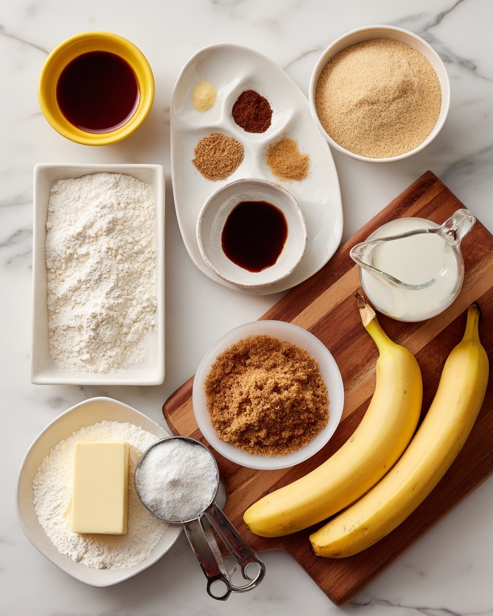 The image shows various baking ingredients arranged on a white marbled surface with a wooden board on the right side. There are two ripe bananas on the wooden board, one fully peeled and one with skin intact. A small white plate holds three small piles of dry spices in different shades of brown and white. Nearby, a small yellow bowl contains a dark brown liquid, while a white measuring cup is filled with packed light brown sugar. Another white bowl contains a looser, crumbly form of brown sugar. Below, a rectangular white dish holds a stick of butter. Two metal measuring cups are filled with white flour and a light tan powder, likely another type of flour. A small clear glass jug with white liquid sits on the wooden board. All items are spaced neatly for viewing. photo taken with an iphone --ar 4:5 --v 7