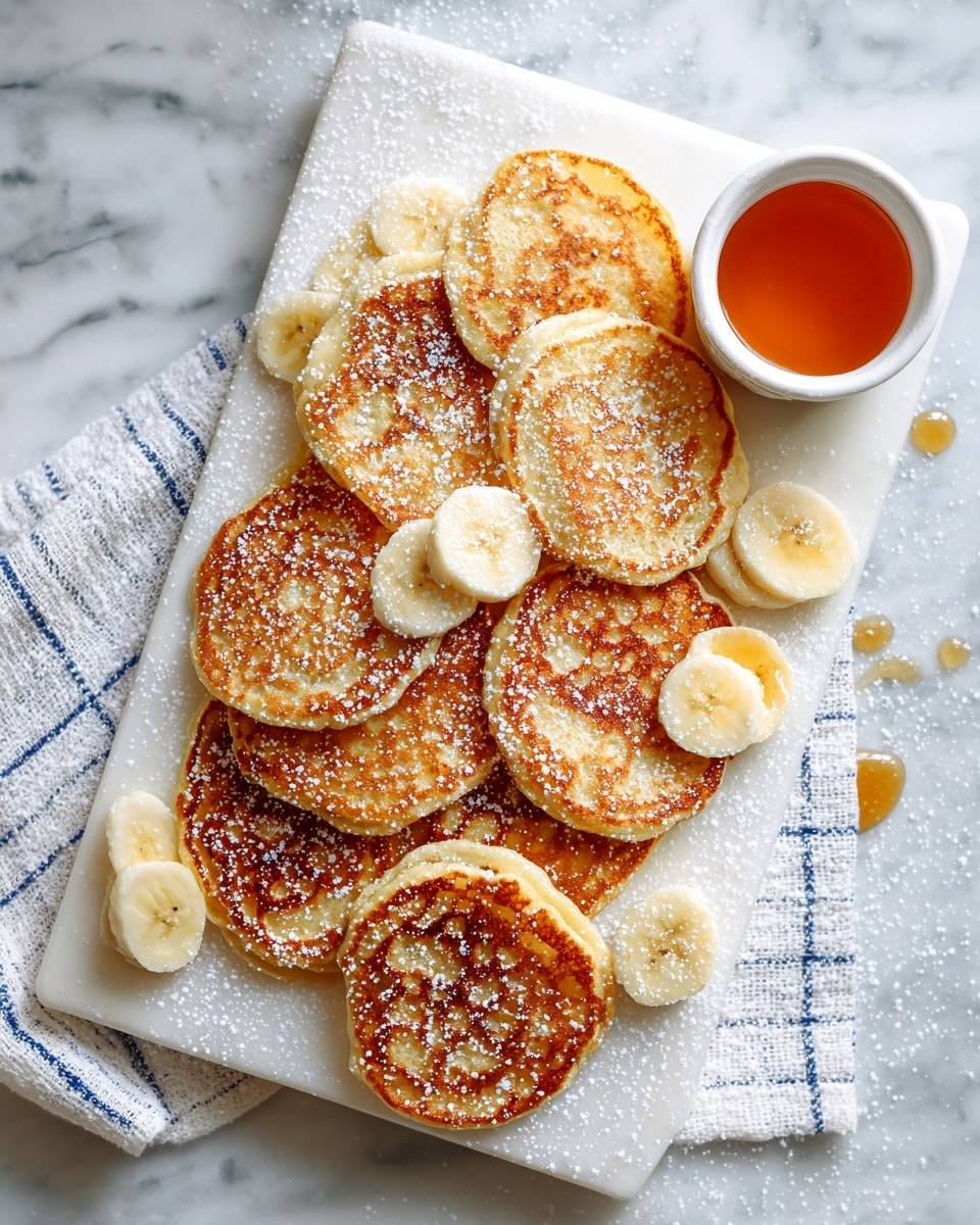 On a white rectangular cutting board, a pile of golden-brown, small oval pancakes is stacked loosely in the center. The pancakes show a slightly crisp texture with darker brown spots and are dusted lightly with powdered sugar. Three curved slices of peeled banana, creamy white with a soft texture, are placed along the sides of the stack. To the top right side of the cutting board, there is a small white bowl filled with amber-colored syrup. The cutting board is set on a white marbled surface covered partially with a white cloth featuring blue checkered stripes. Some syrup droplets and powdered sugar are scattered around the pancakes and board edge adding a natural, casual look. Photo taken with an iphone --ar 4:5 --v 7