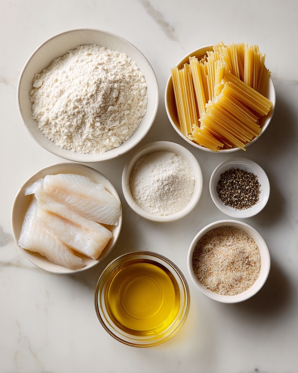 The image shows six white bowls arranged on a smooth white marbled surface, each filled with different ingredients. The largest bowl contains white flour with a soft and powdery texture. Next to it, a smaller bowl holds light yellow pasta sticks, neatly stacked. Another bowl holds raw white fish fillets with a smooth and tender look, placed side by side. In three smaller bowls, one has plain white flour, another contains a mix of black and white pepper, and the last holds a fine brownish powder. In the front, a clear glass bowl is filled with golden-yellow liquid, likely oil or melted butter, with a glossy shiny surface. Photo taken with an iphone --ar 4:5 --v 7