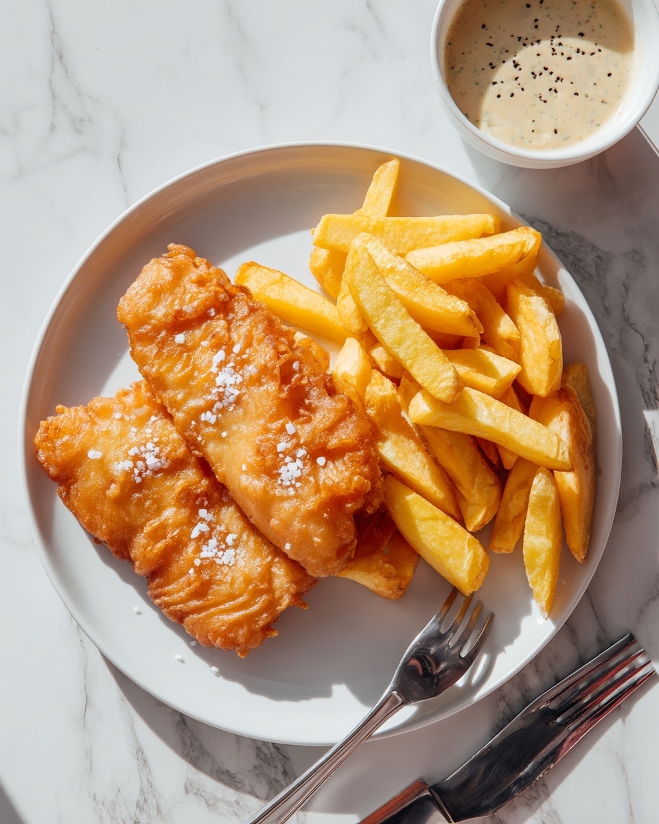 The image shows a white plate with two large pieces of golden brown fried fish placed on the left side, their crispy texture highlighted by small salt flakes sprinkled on top. Next to the fish on the right side, there is a pile of thick-cut yellow fries, lightly salted and showing a soft texture. A silver fork is partially tucked under the fries on the bottom right side of the plate, with a silver knife placed beside the plate on a white marbled surface. In the background at the top right corner, there is a small white bowl filled with a creamy light-colored dipping sauce speckled with black pepper. The overall lighting is bright, creating clear details and a clean look. Photo taken with an iphone --ar 4:5 --v 7