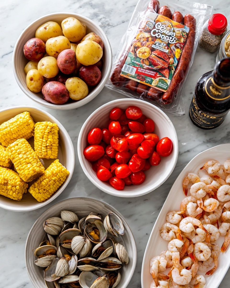 A close shot of various cooking ingredients arranged on a white marbled surface, including a white bowl filled with halved yellow and red baby potatoes in the top left, a white bowl with bright yellow corn cobs cut into sections at the bottom left, a white bowl of halved red cherry tomatoes in the center, a white bowl full of clams with textured, brownish shells at the right, and a white oval plate of raw, peeled shrimp with tails on at the bottom right. In the upper middle area, there is a vacuum-sealed package of reddish Cajun style smoked sausage with a colorful label showing cooked sausage and shrimp. There is also a dark glass bottle labeled Coors Banquet Beer and a small seasoning container with a red lid at the top right. Photo taken with an iphone --ar 4:5 --v 7