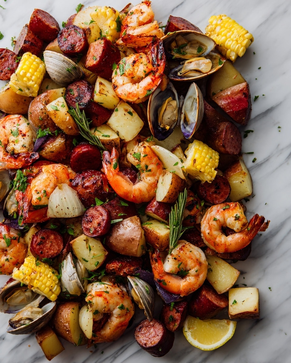 A mix of cooked seafood and vegetables fills the image. Bright orange shrimp with curled shapes are scattered around. Dark red sausage slices appear round and thick. Light brown clams with textured shells are open, showing the meat inside. Yellow corn pieces with grill marks add a checkered pattern. Large chunks of red-skinned potatoes with soft yellow centers and pale beige onion wedges are spread throughout. Tiny green herb leaves are sprinkled on top. Lemon wedges with yellow rinds add fresh color. The dish is placed on a white marbled surface. photo taken with an iphone --ar 4:5 --v 7