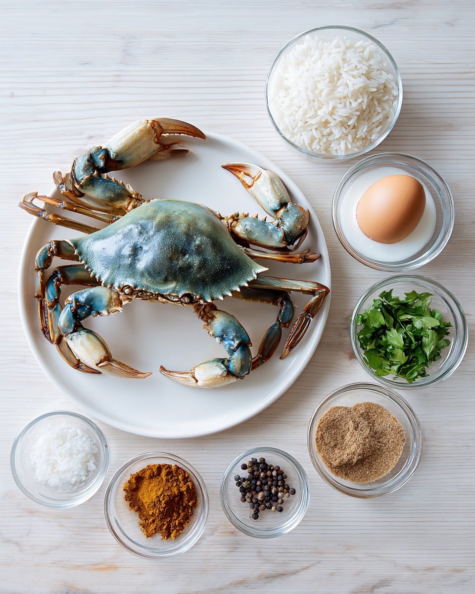 A white plate holds one whole raw crab with a bluish-gray shell and legs, placed slightly to the left on a light wooden surface that is changed to a white marbled texture. Around the plate, there are seven small clear glass bowls arranged neatly: two filled with white ingredients that look like rice and coconut milk, one with a brownish sauce, one with a single whole egg, one with green chopped herbs, one with dark pepper seeds, and one with a brown powder spice. The scene is bright and clean, viewed from above, showing each ingredient clearly. Photo taken with an iphone --ar 4:5 --v 7