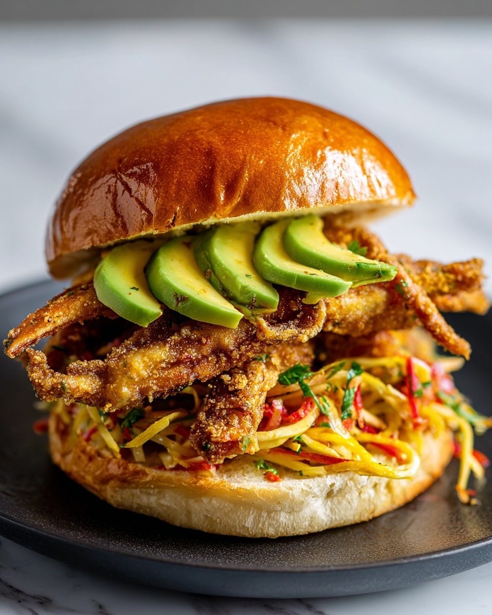 A close-up view of a sandwich with five visible layers on a white marbled surface. The bottom layer is a lightly toasted, golden-brown bun, followed by a colorful mix of shredded vegetables in yellow, red, and green with some herbs. Above this is a layer of fried soft-shell crab legs with a crunchy, golden-brown coating that extends beyond the bun edges. On top of the crab is a layer of thinly sliced bright green avocado arranged neatly, and the sandwich is topped with a shiny, smooth, golden-brown bun. The sandwich is placed on a black plate on the white marbled surface. photo taken with an iphone --ar 4:5 --v 7