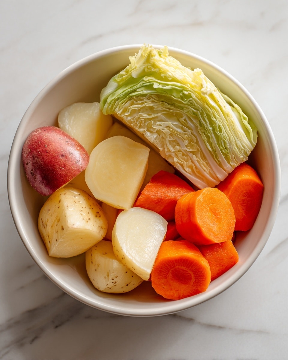 A white bowl holds a simple arrangement of cooked vegetables placed on a white marbled surface: a large wedge of pale yellow-green cabbage with soft, layered leaves sits at the back of the bowl; to the left, there are several pieces of red-skinned potatoes with a creamy white inside, cut into halves or quarters showing smooth textures; and to the right, bright orange carrot slices, thick and round with a firm surface, fill the space. The colors and textures create a fresh, natural, and wholesome look. photo taken with an iphone --ar 4:5 --v 7