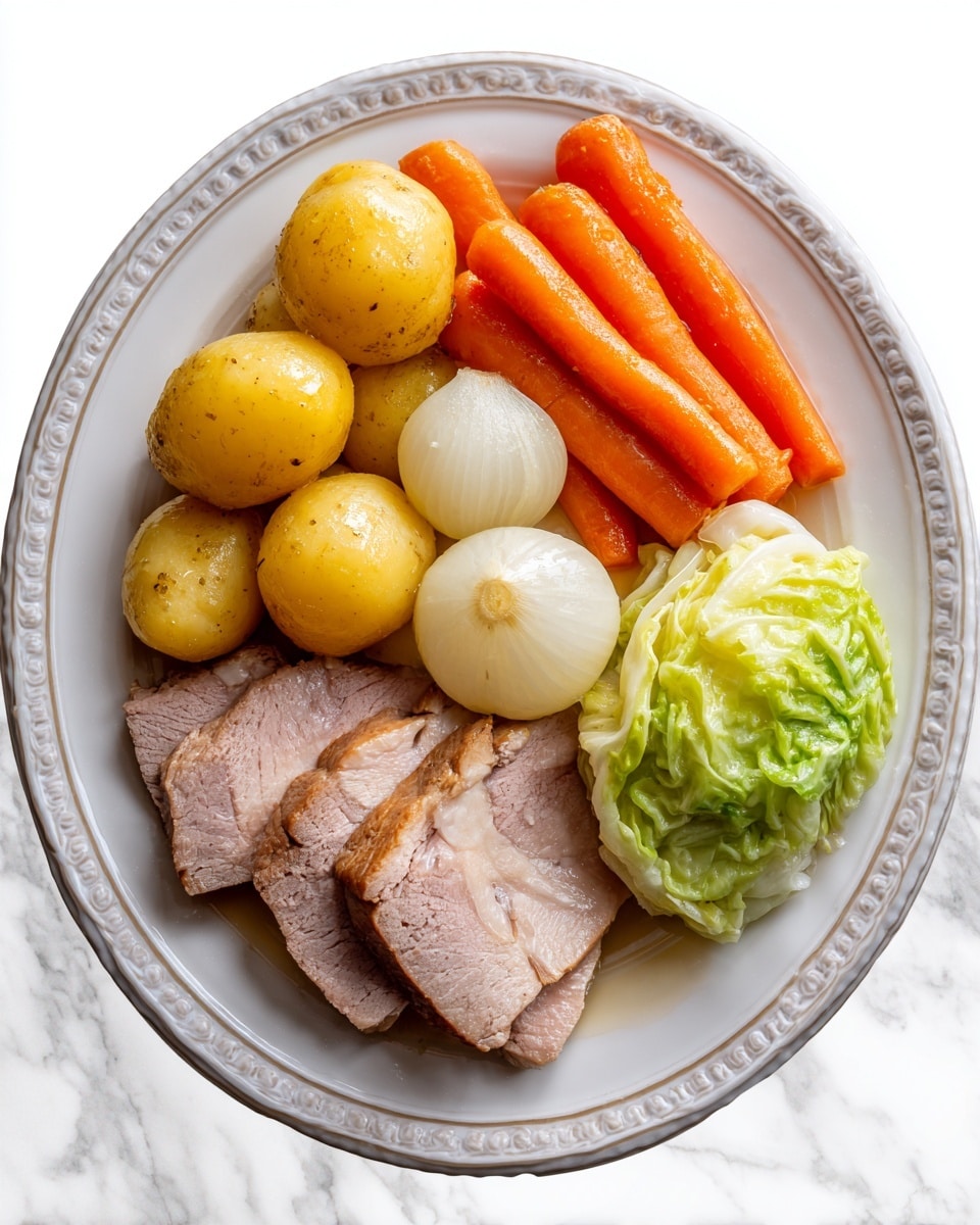 A white plate with a decorative edge holds a meal with multiple layers: at the bottom, large pieces of yellow potatoes; on the right side, a quarter of pale green cabbage; above the potatoes, whole round white onions; at the top, several long orange carrots; and front and center, three slices of pinkish cooked meat with a soft texture. The food looks moist and shiny. The plate sits on a white marbled surface. Photo taken with an iphone --ar 4:5 --v 7