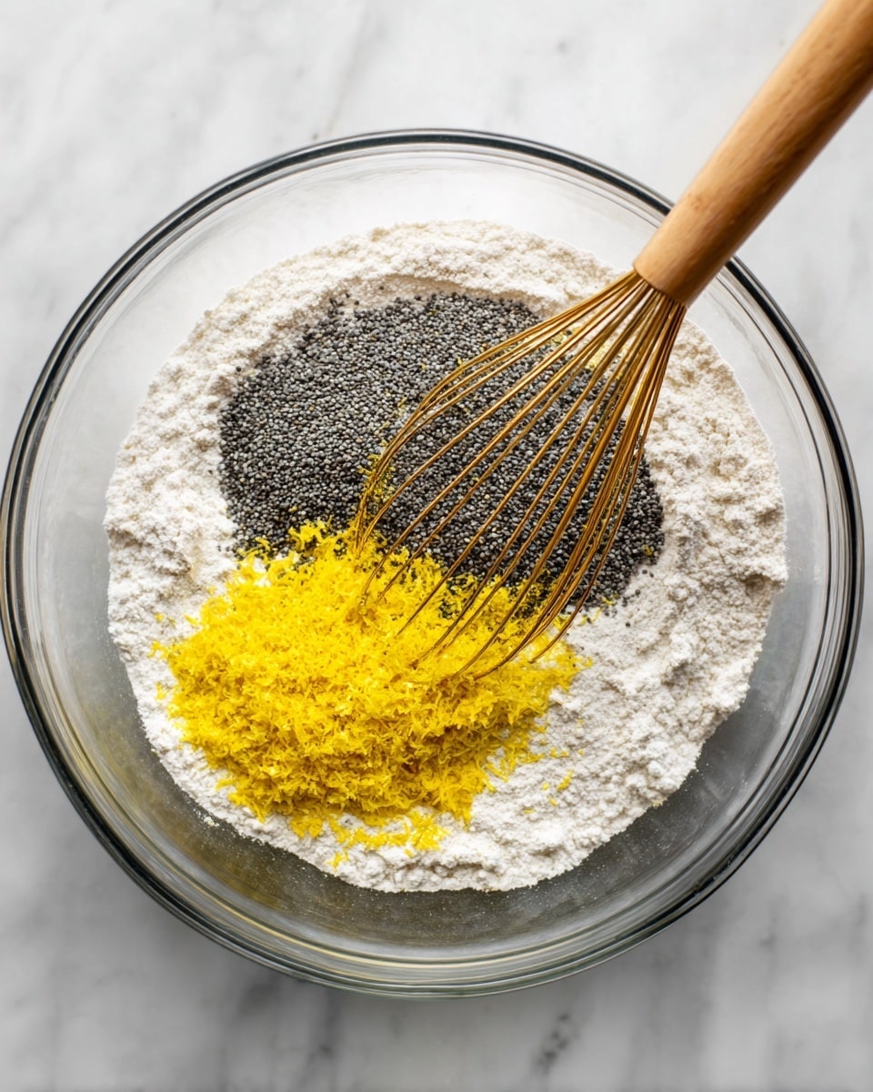 A clear glass bowl sits on a white marbled surface, containing a mix of dry ingredients in three distinct sections: a large white flour layer covering most of the bowl's base, a dense pile of small black poppy seeds in the center, and bright yellow lemon zest clumped to one side. A metal whisk with a wooden handle rests inside the bowl, its wires splayed gently over the ingredients as if ready for stirring. The clear bowl’s edge is visible, showing its smooth, rounded shape. photo taken with an iphone --ar 4:5 --v 7